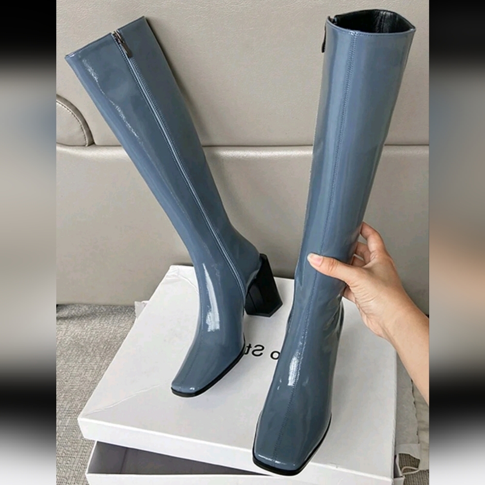 Square Toe Knee High Boots,Autumn/Winter New Patent Leather Equestrian Boots - Picture 3 of 3